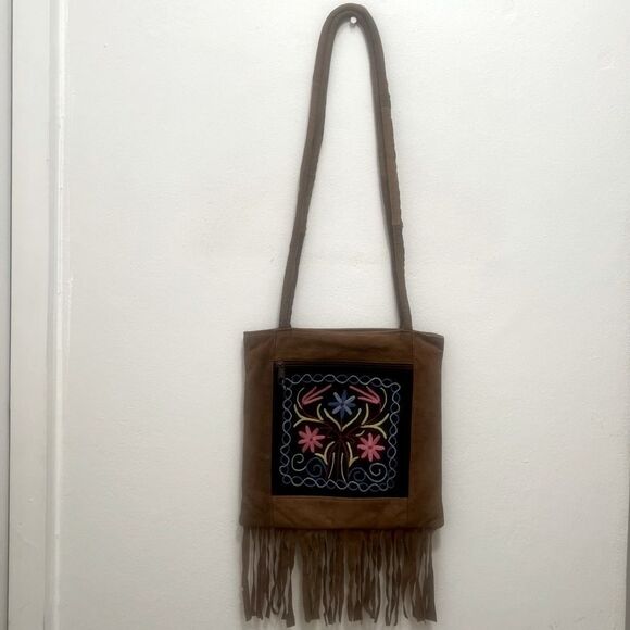 Sudah 100% Wool Brown Multicolor Crossbody Embroidered Floral Boho Retro Ehtnic - Picture 2 of 10